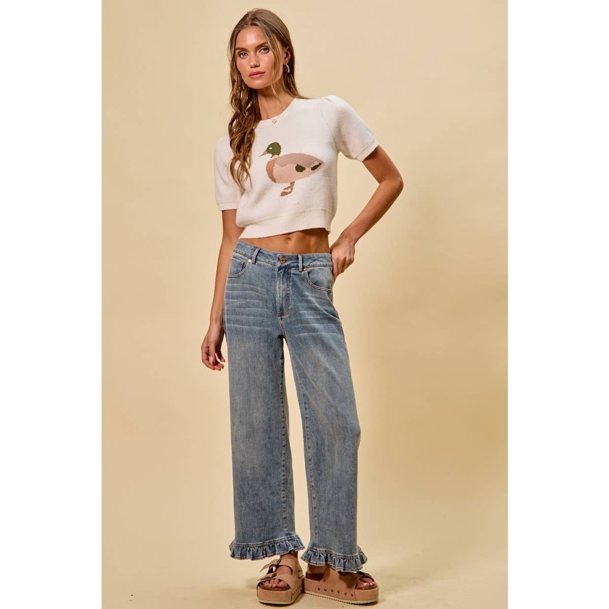 Ruffled Bottom Detail Mid Rise Denim Jeans Pants