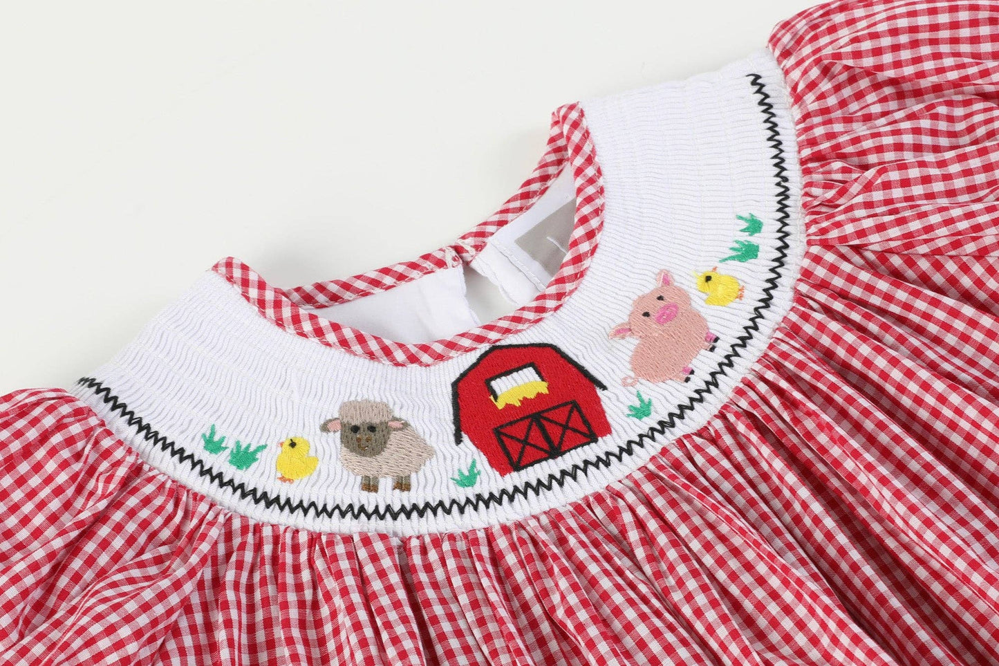 Red Gingham Barn Animals Smocked Bishop Dress