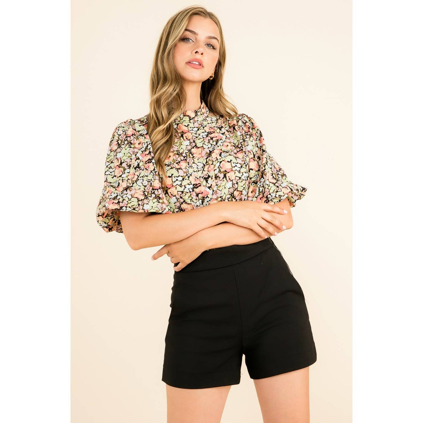 Black Floral Print Puff Sleeve High Neck Top with Short Sleeve