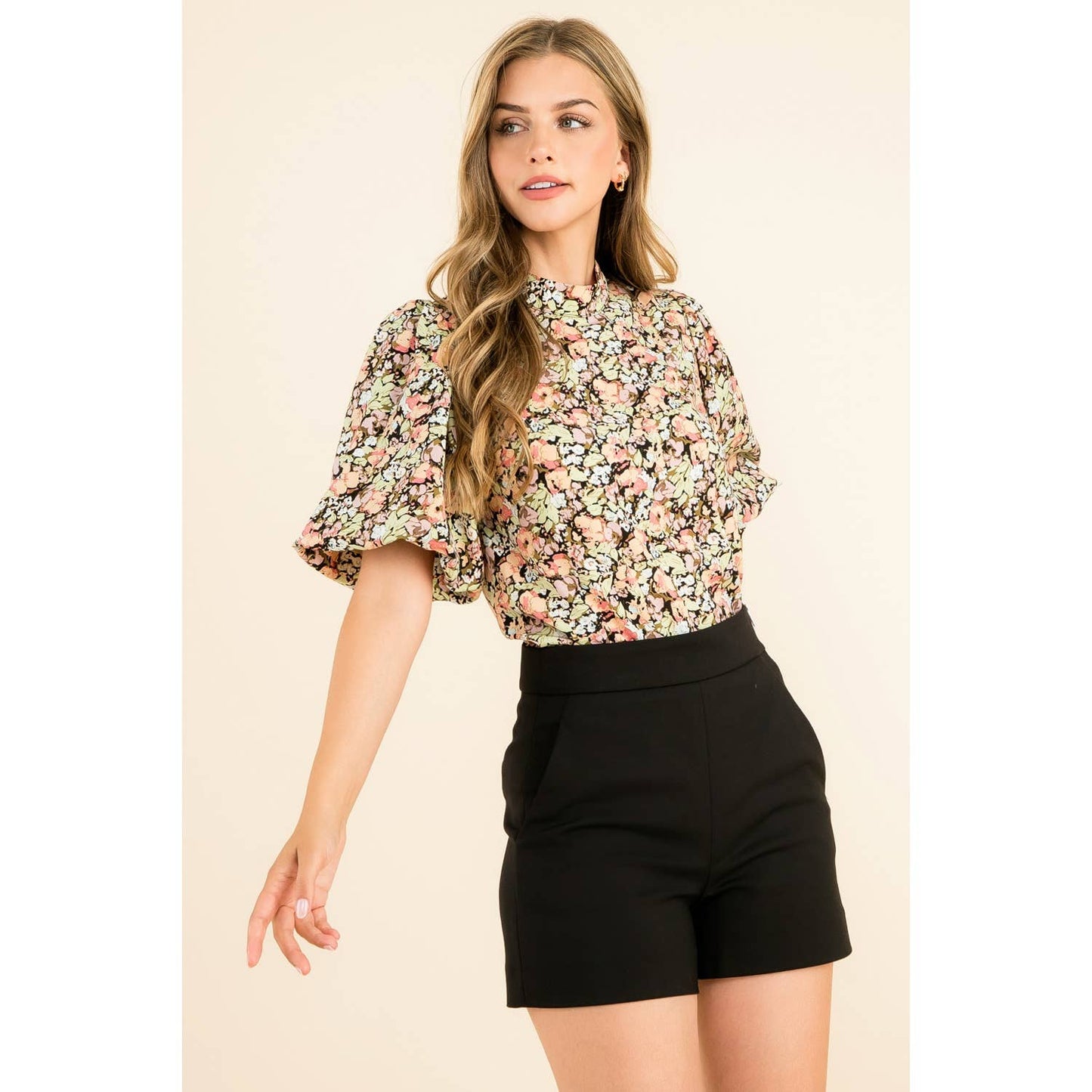 Black Floral Print Puff Sleeve High Neck Top with Short Sleeve
