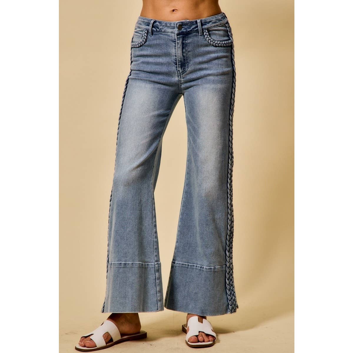 Wide Leg Flare Denim Jeans With Side Braids