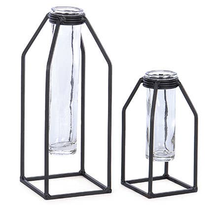 S/2 SQ GLASS/METAL VASES