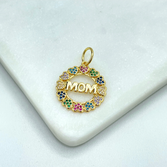 18k Gold Filled Colored Colorful Micro Pave Cubic Zirconia Hearts & Mom Circle Medal Charm Pendant, Wholesale