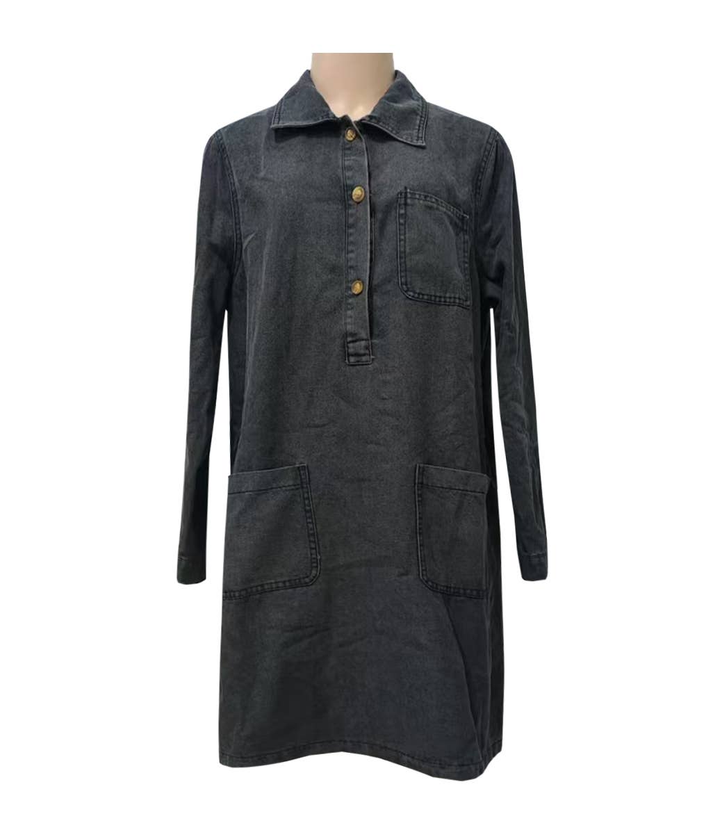 Vintage Collared Leopard Print Long-Sleeve Loose Denim Dress