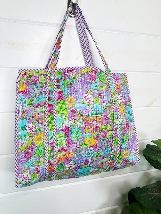 Quilted Tote Bag - Reversible Carryall - Southern Town Print