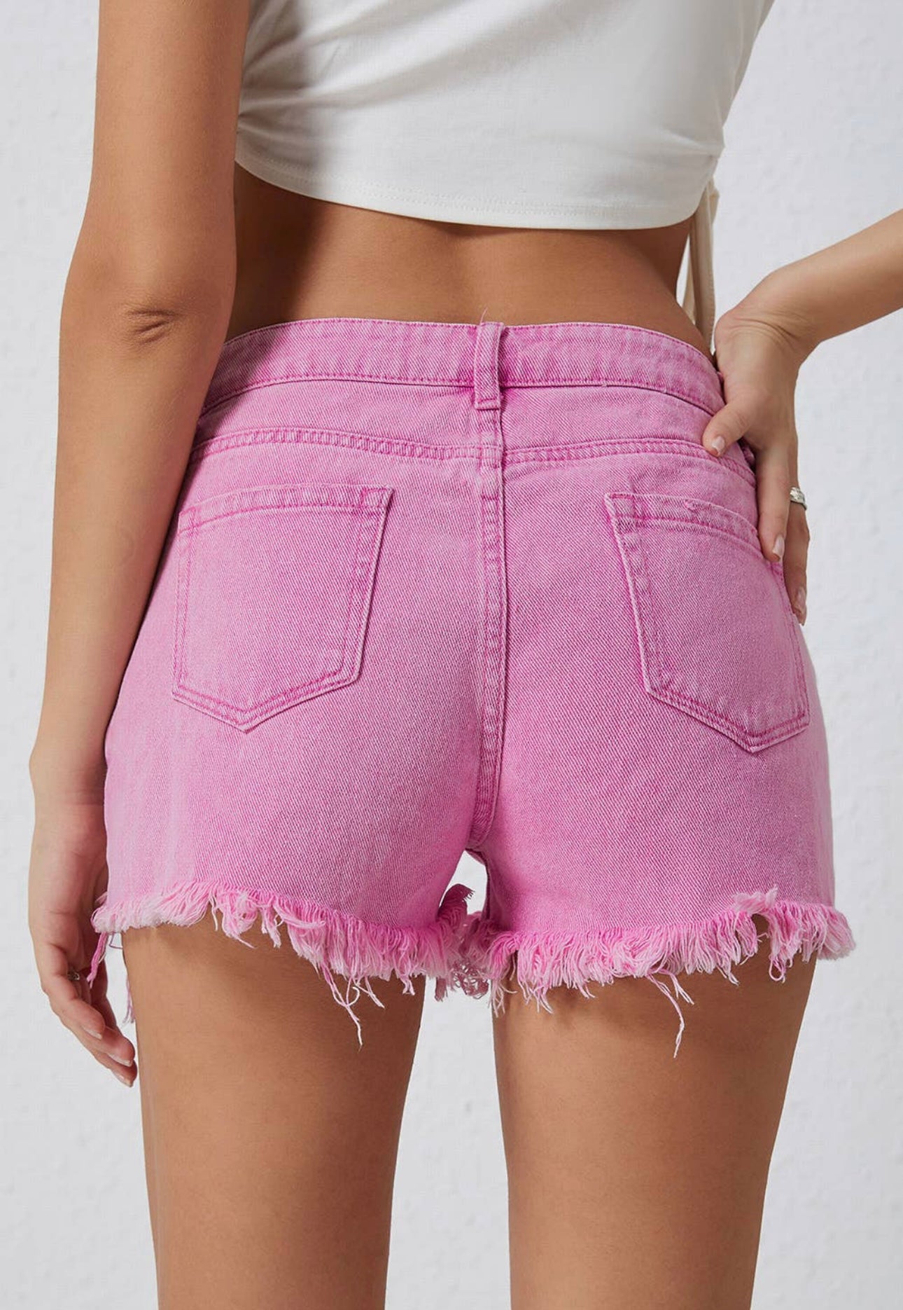 High Rise Crossover Waist Pink Denim Shorts