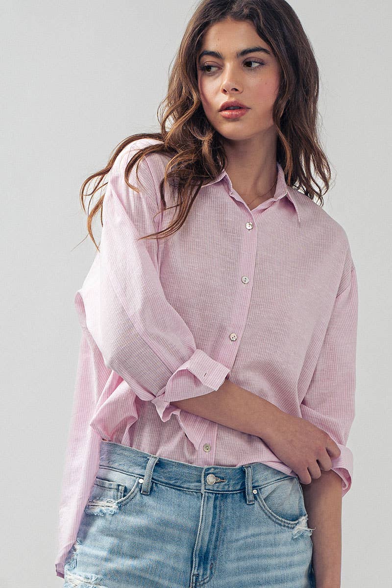 Lightweight Pinstripe Button Down in Cotton Linen Blend