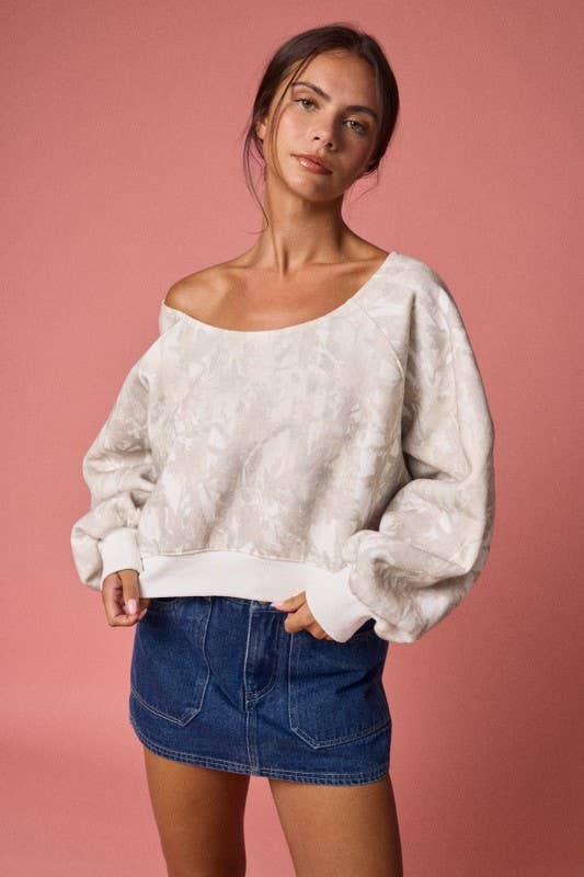 Nature Camo Print Off-Shoulder LS Top