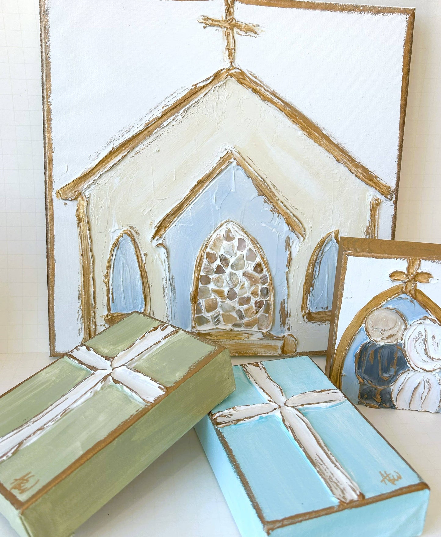 Church w/ oyster shell door on canvas textured
