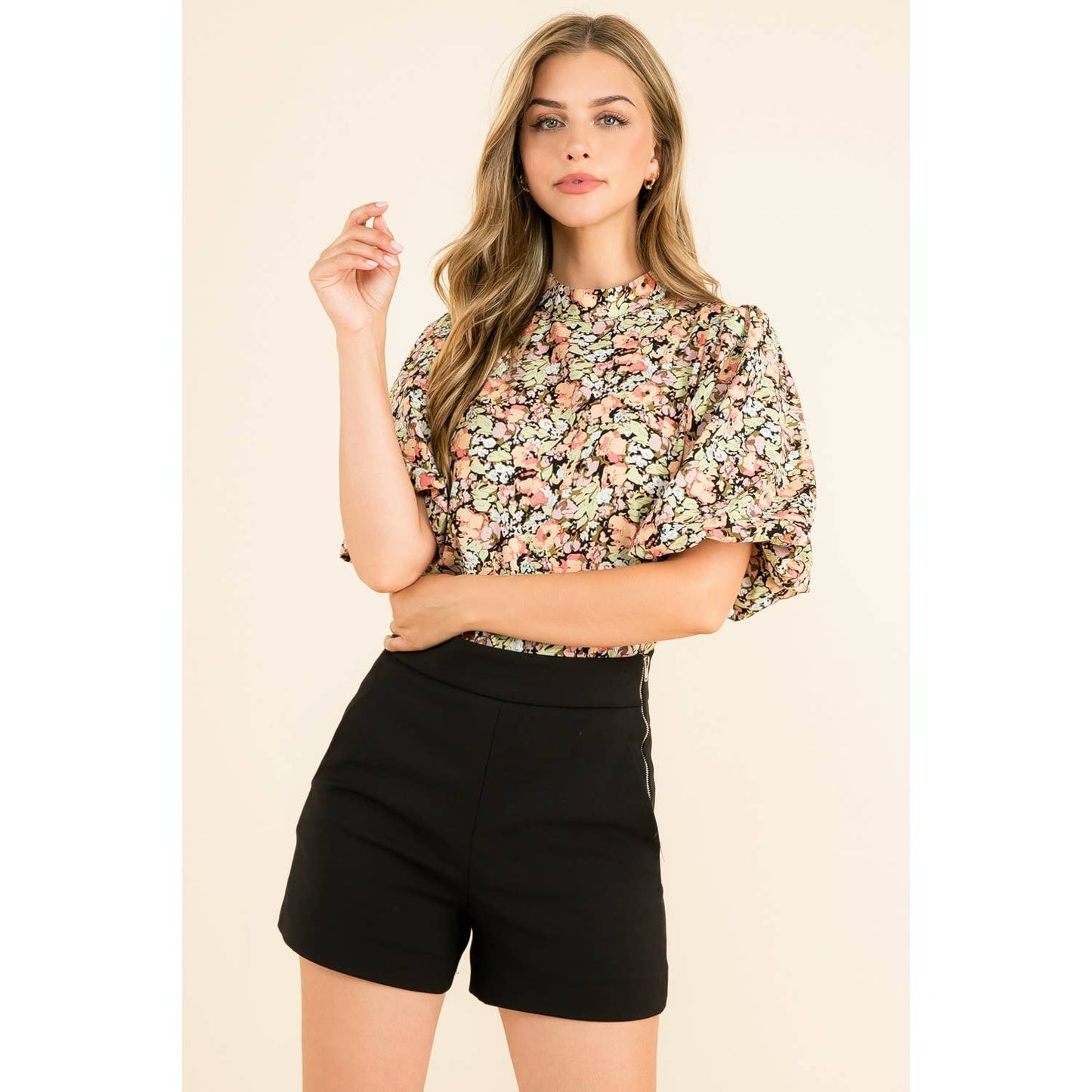 Black Floral Print Puff Sleeve High Neck Top with Short Sleeve