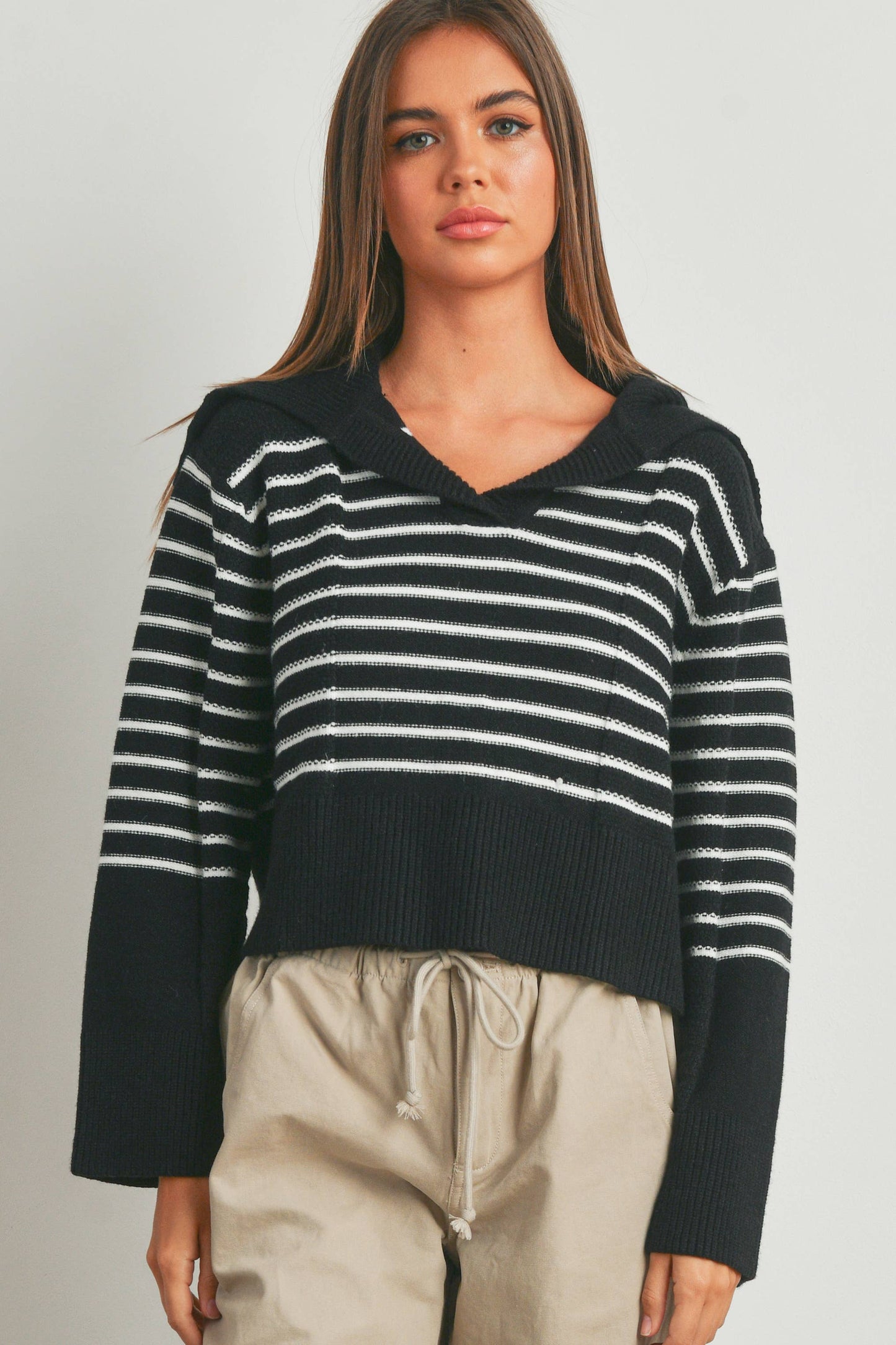 TEXTURED STRIPED V-NECK BIG COLLAR LS SWEATER - BMW7247