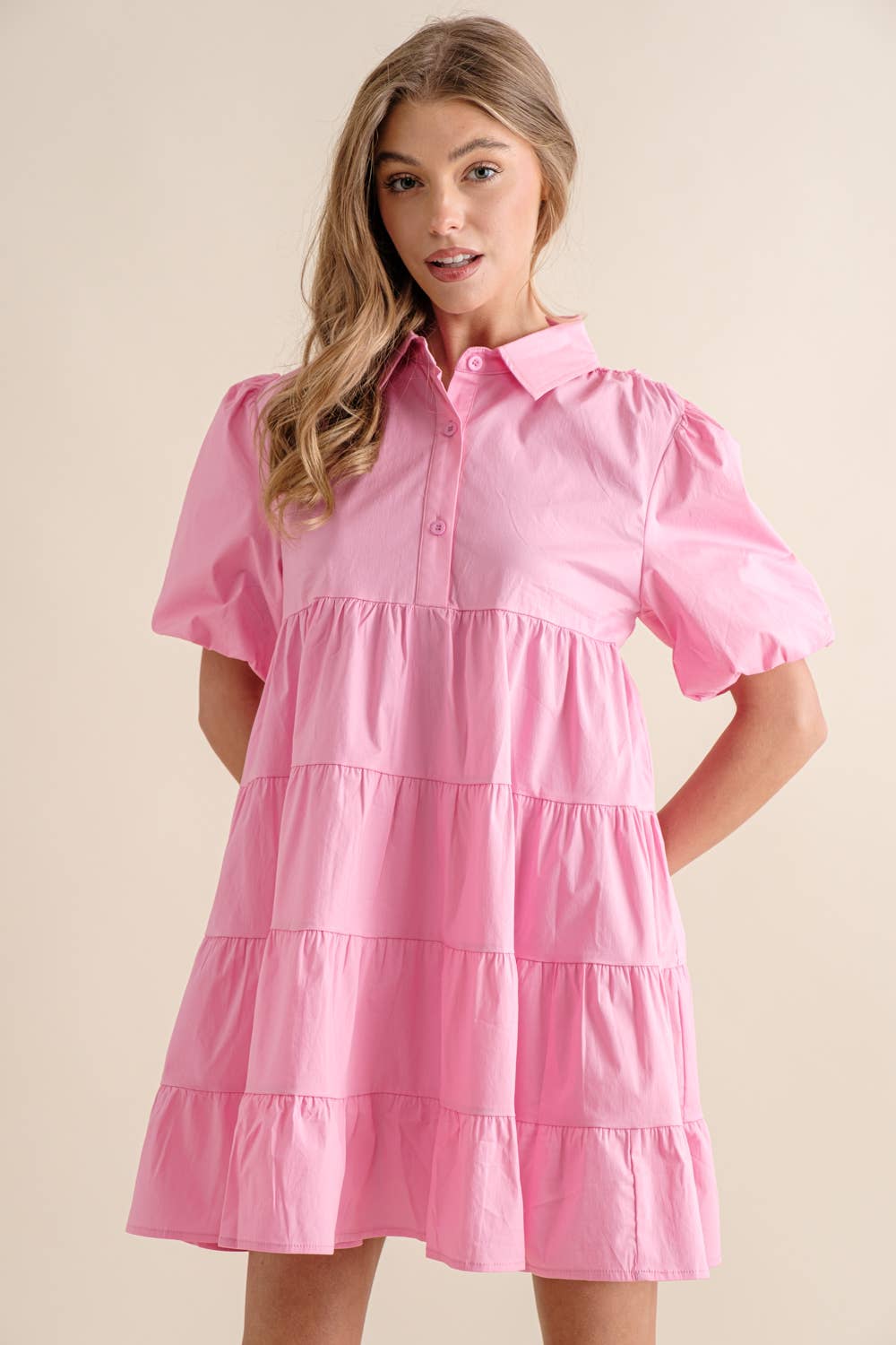 Button Up Tiered Puff SLV Shirt Dress