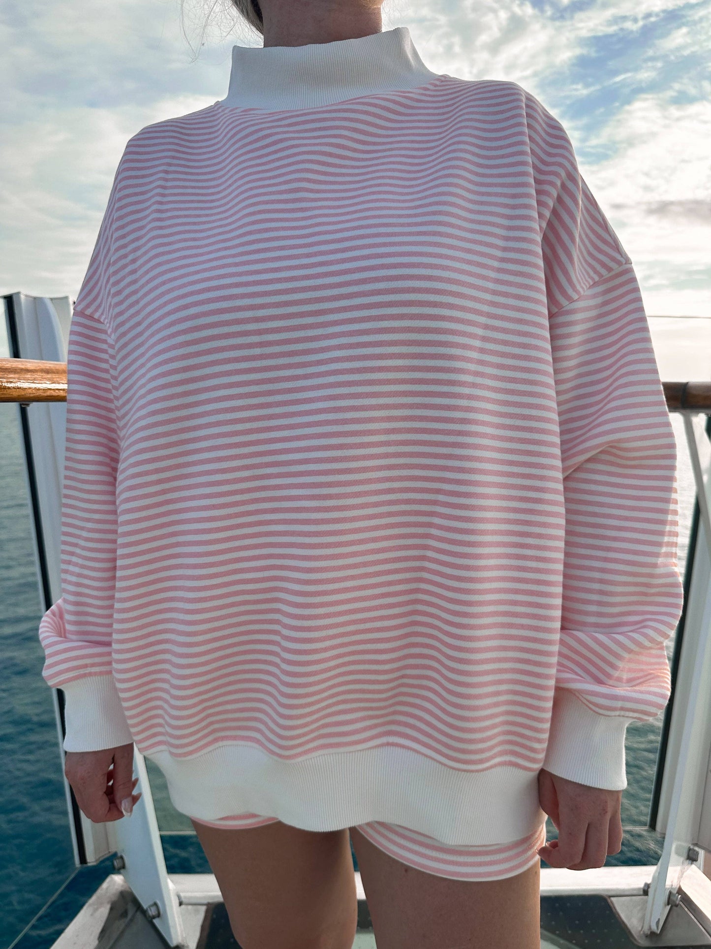 Light Pink and White Striped Mockneck Sweatshirt