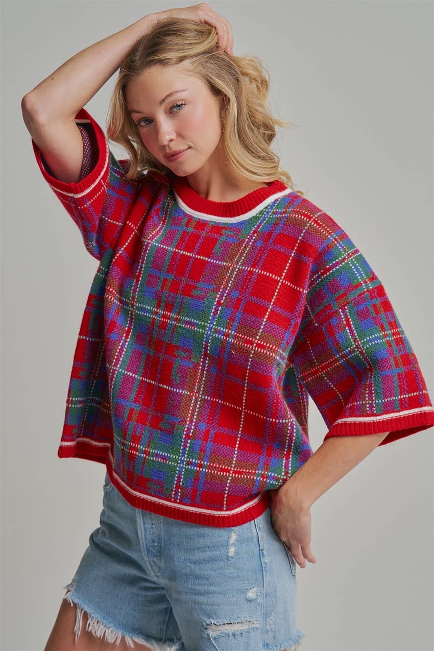 HOLIDAY CHRISTMAS PLAID DROP SHOULDER SWEATER_JLT00303-02