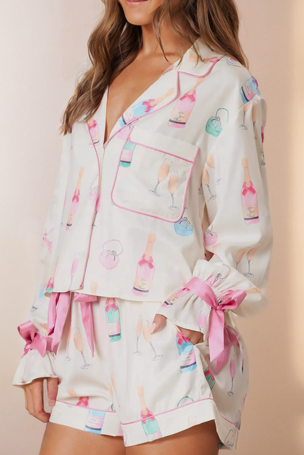 Wine Glass Print Bow Knot Two Piece Pajama Set