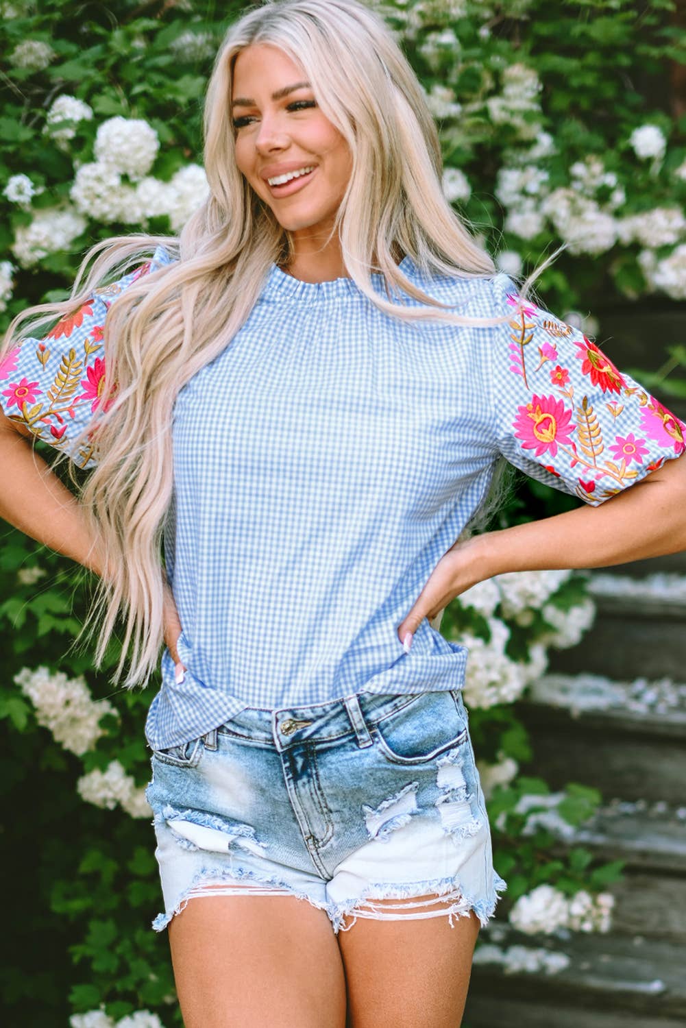 LDC Gingham Embroidered Puff Sleeve Blouse