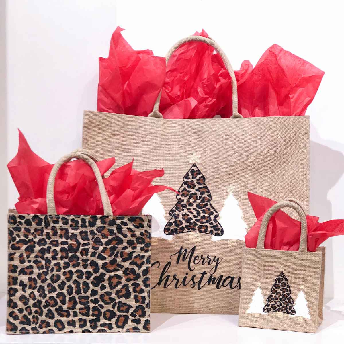 Leopard Christmas Tree Petite Gift Tote   Natural/Black/Gold   7x7x5