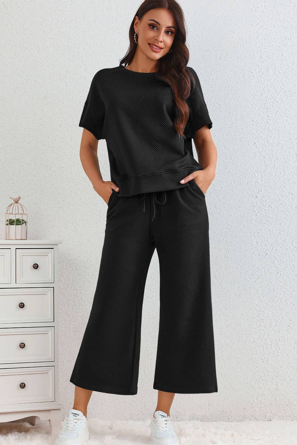 Textured Loose Fit T Shirt and Drawstring Pants Set