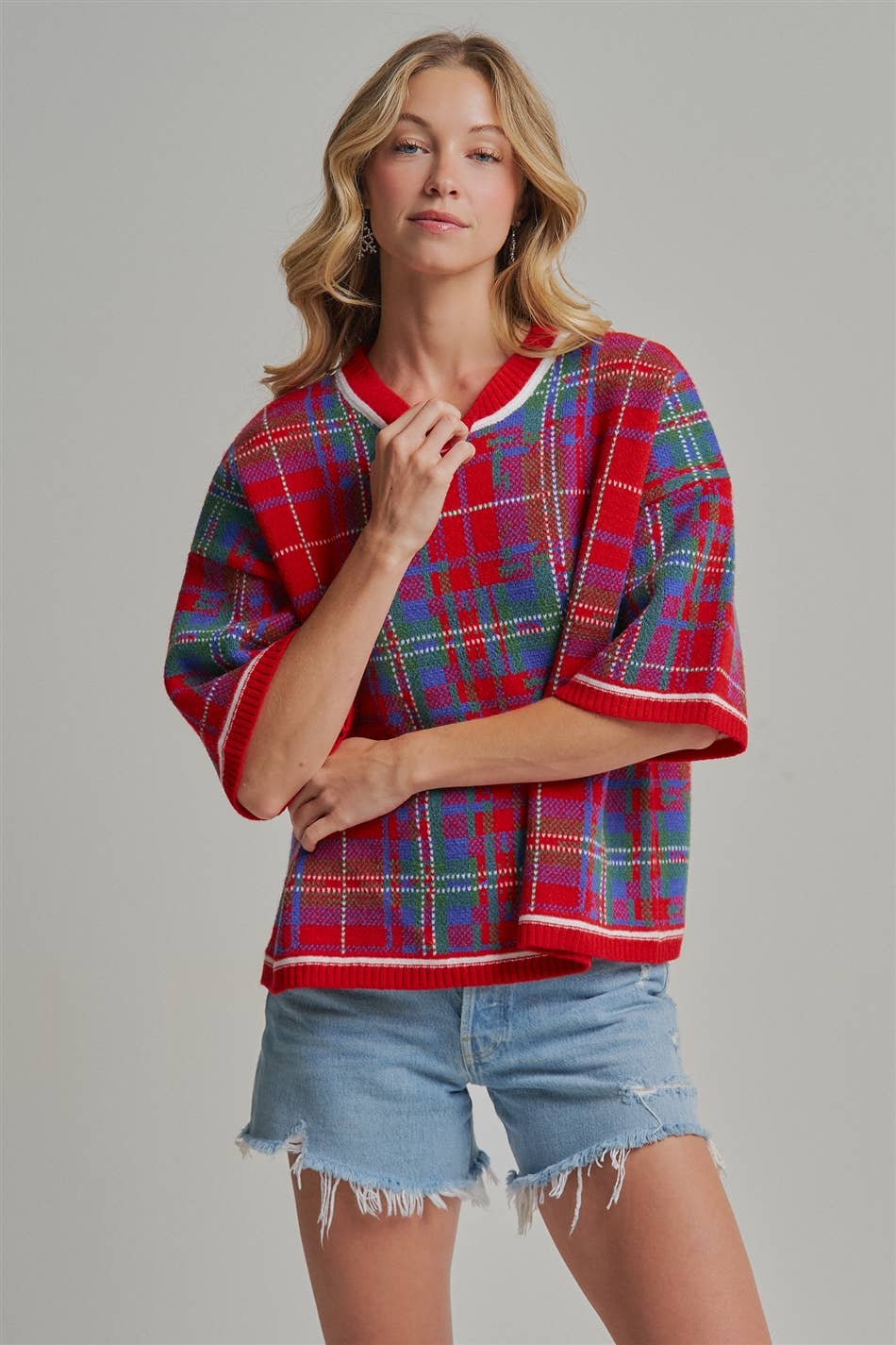 HOLIDAY CHRISTMAS PLAID DROP SHOULDER SWEATER_JLT00303-02