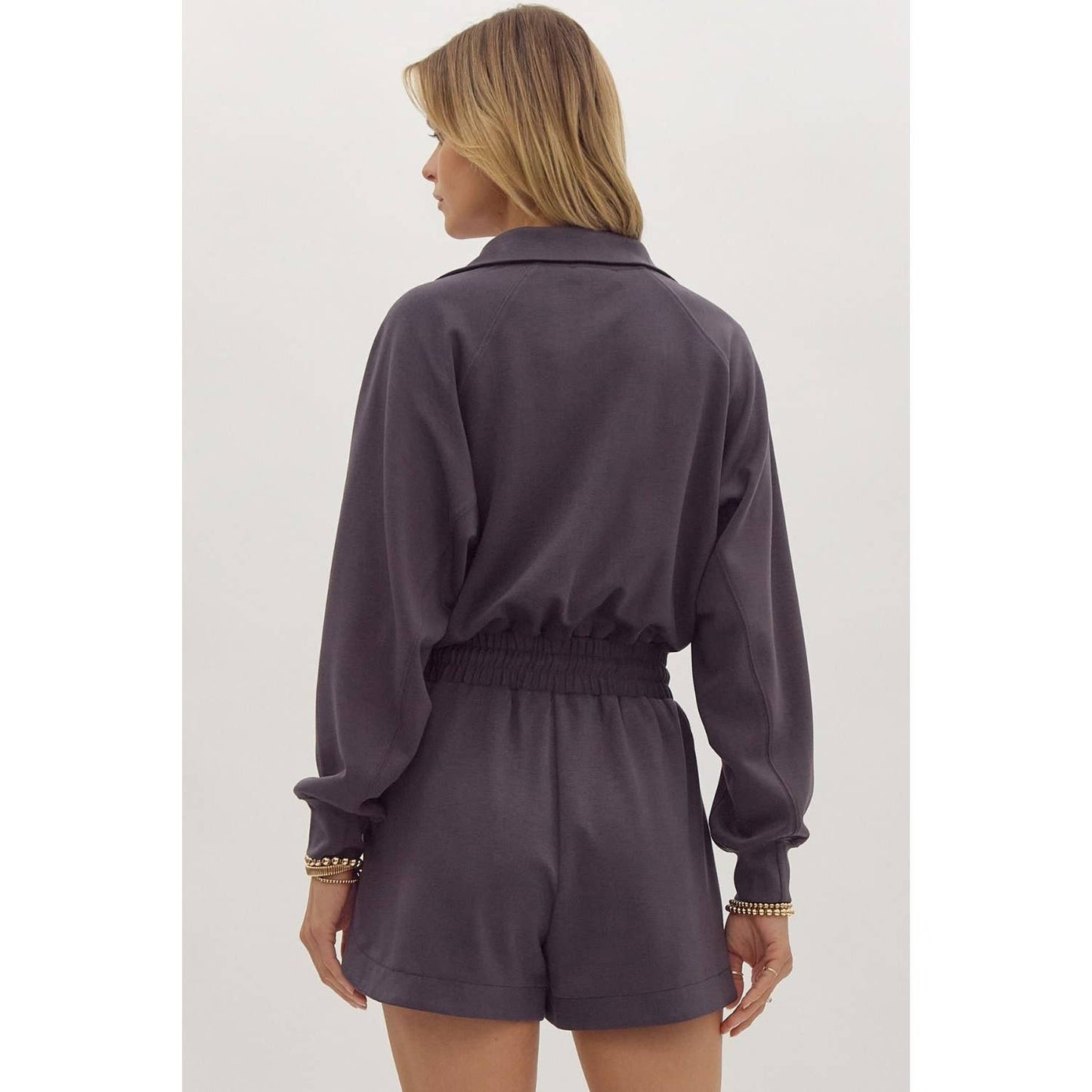 Solid long sleeve half zip collared romper