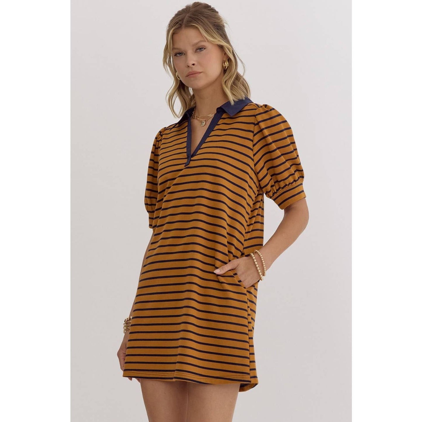 Stripe print v-neck puff sleeve collared dress