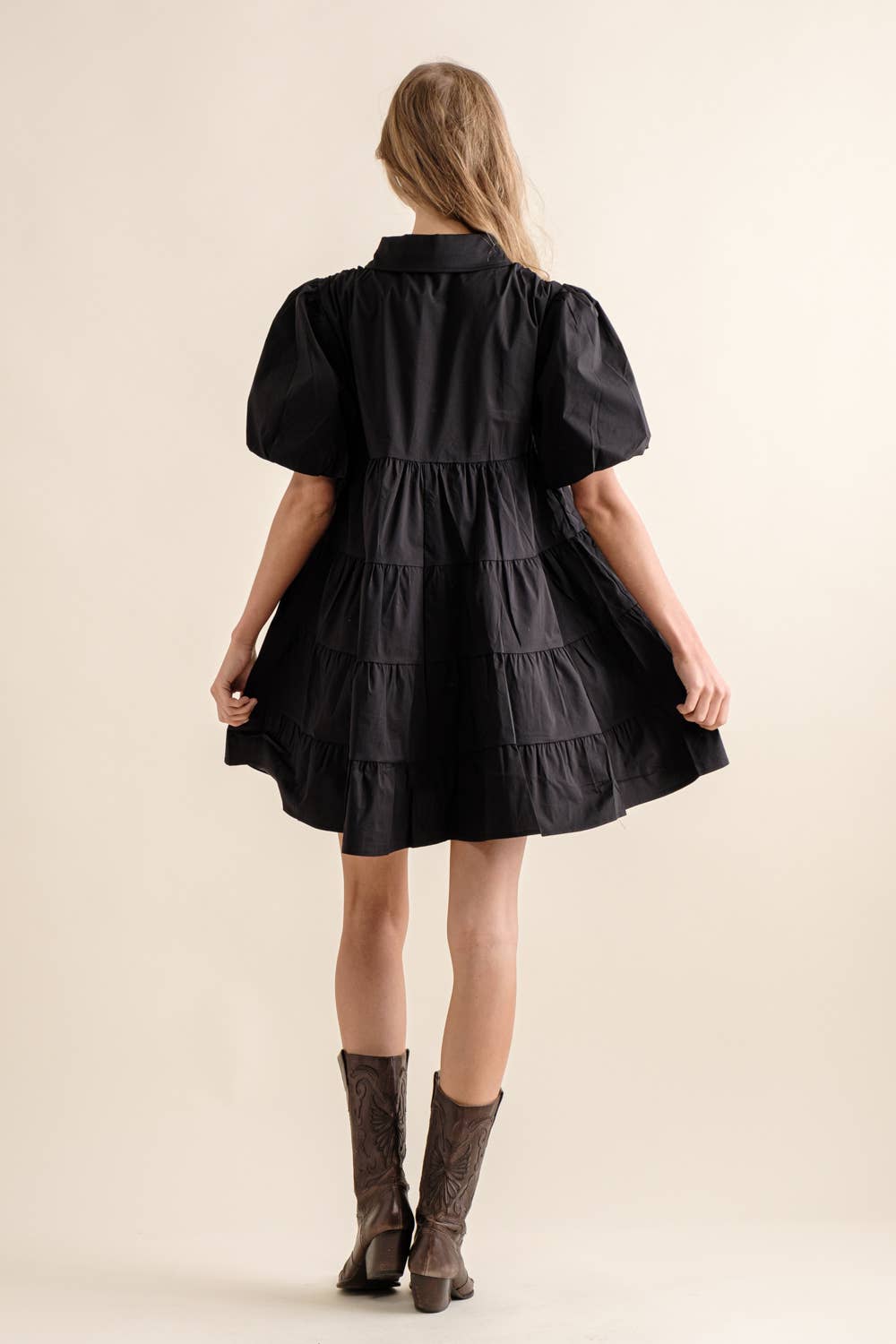 Button Up Tiered Puff SLV Shirt Dress