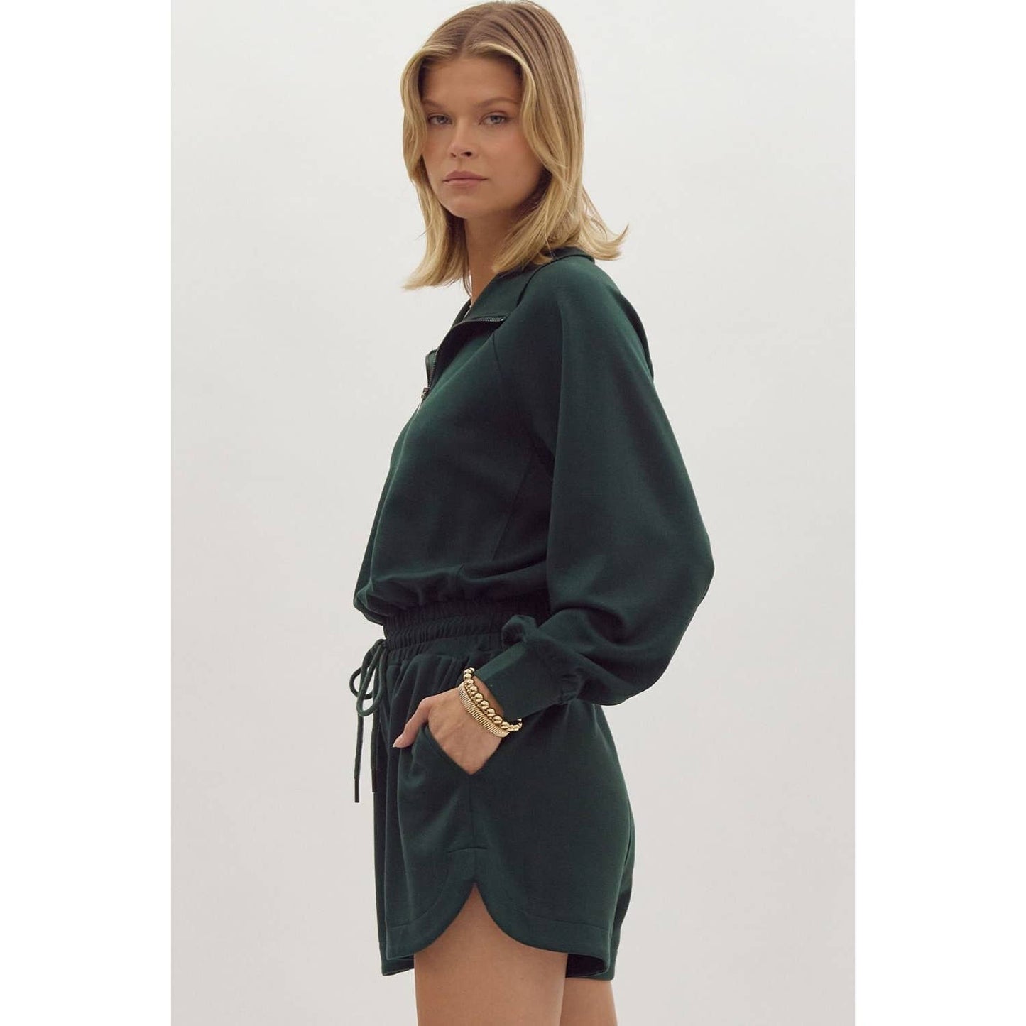 Solid long sleeve half zip collared romper