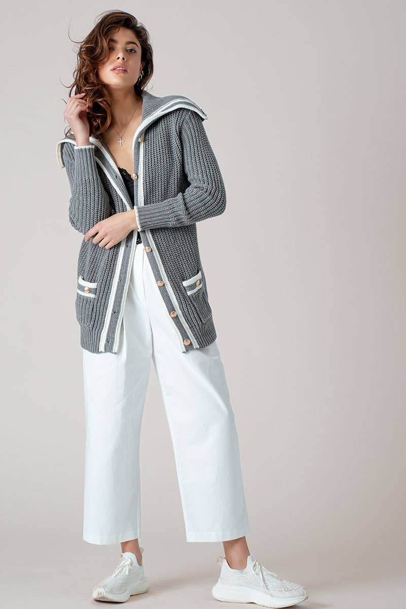 Sailor Collar Striped Trim Button Cardigan Top
