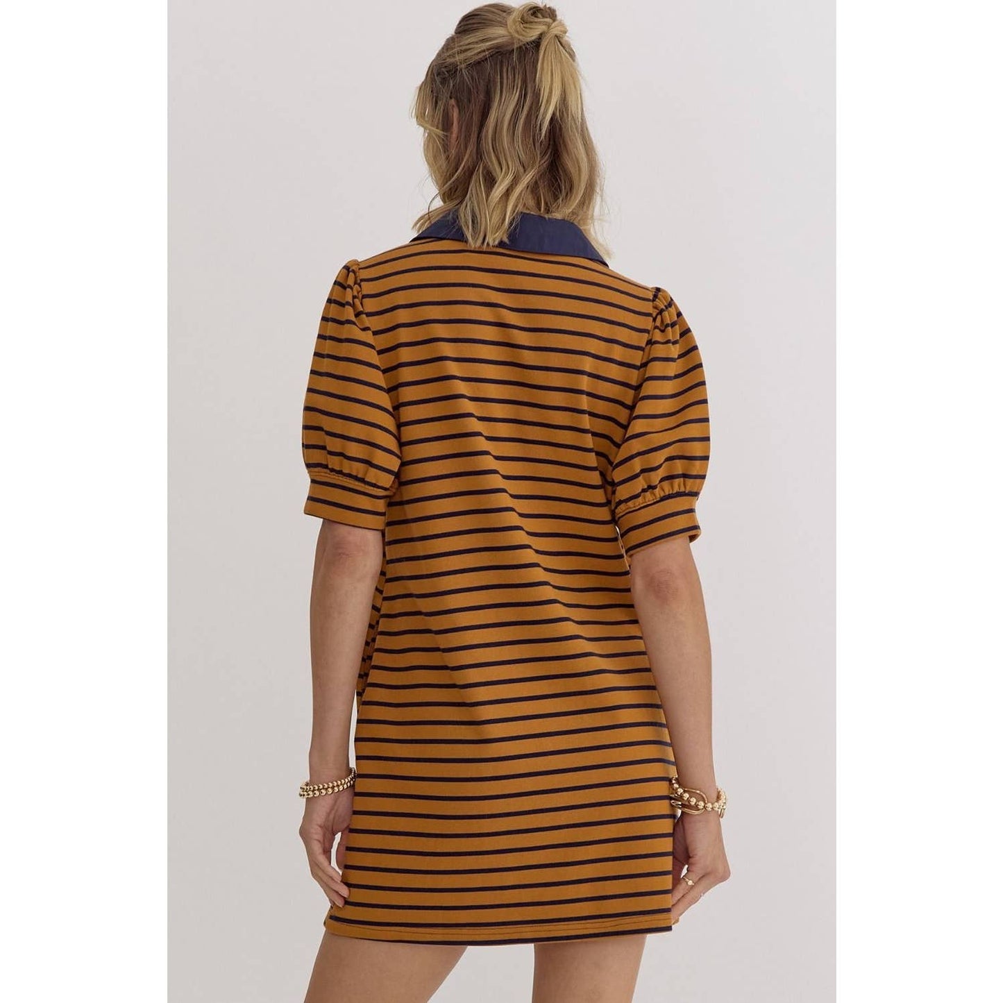 Stripe print v-neck puff sleeve collared dress