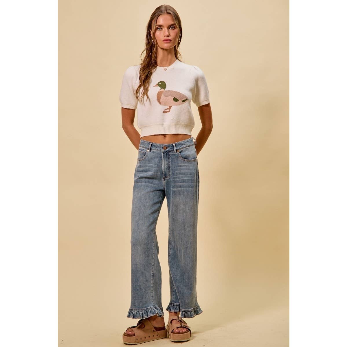 Ruffled Bottom Detail Mid Rise Denim Jeans Pants
