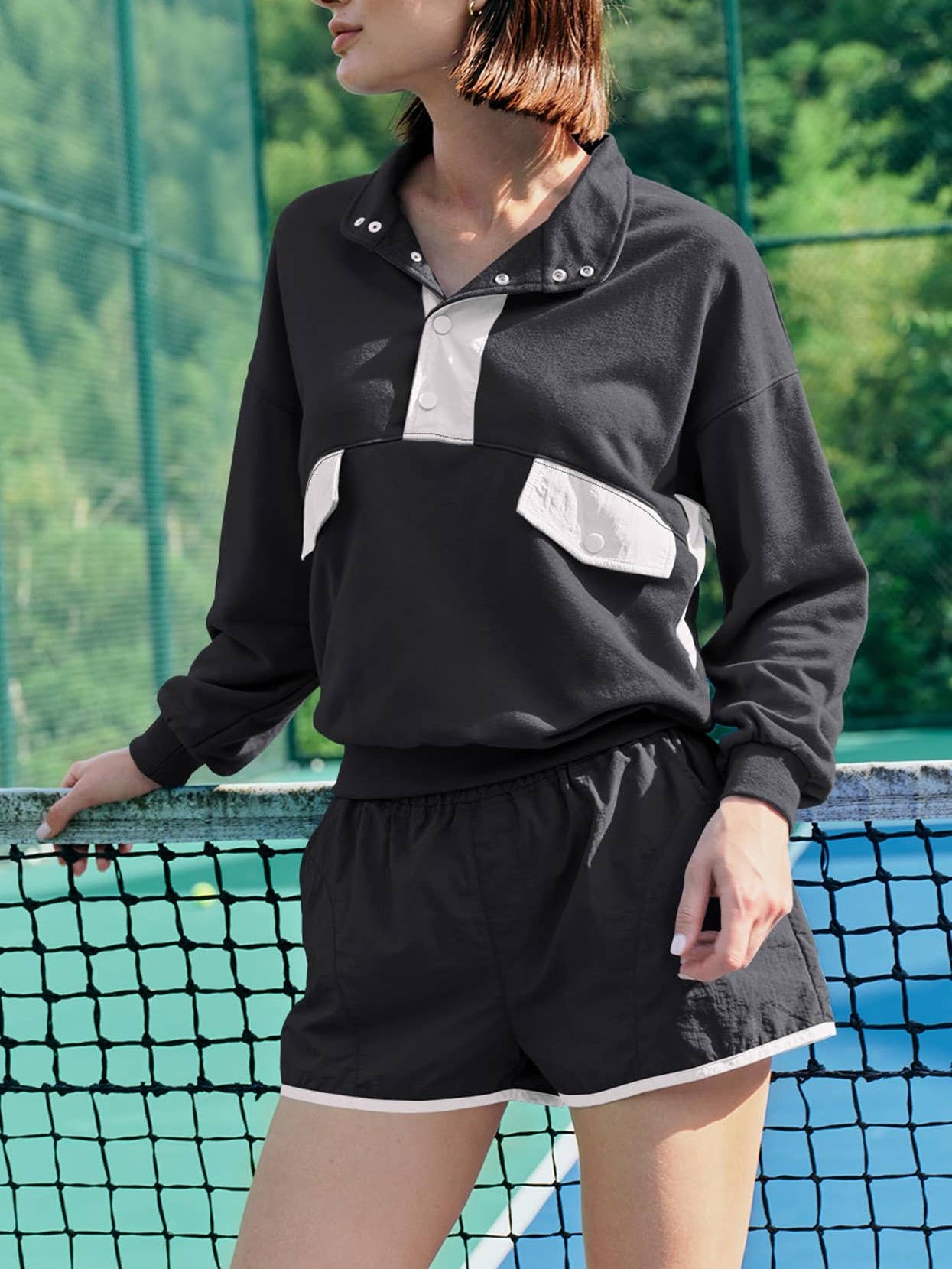 Color Blocks half button sweatshirt & shorts sporty set