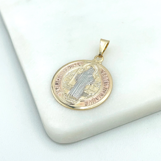 18k Gold Filled Three Tone Saint Benedict Reversible Medal Pendant Charms