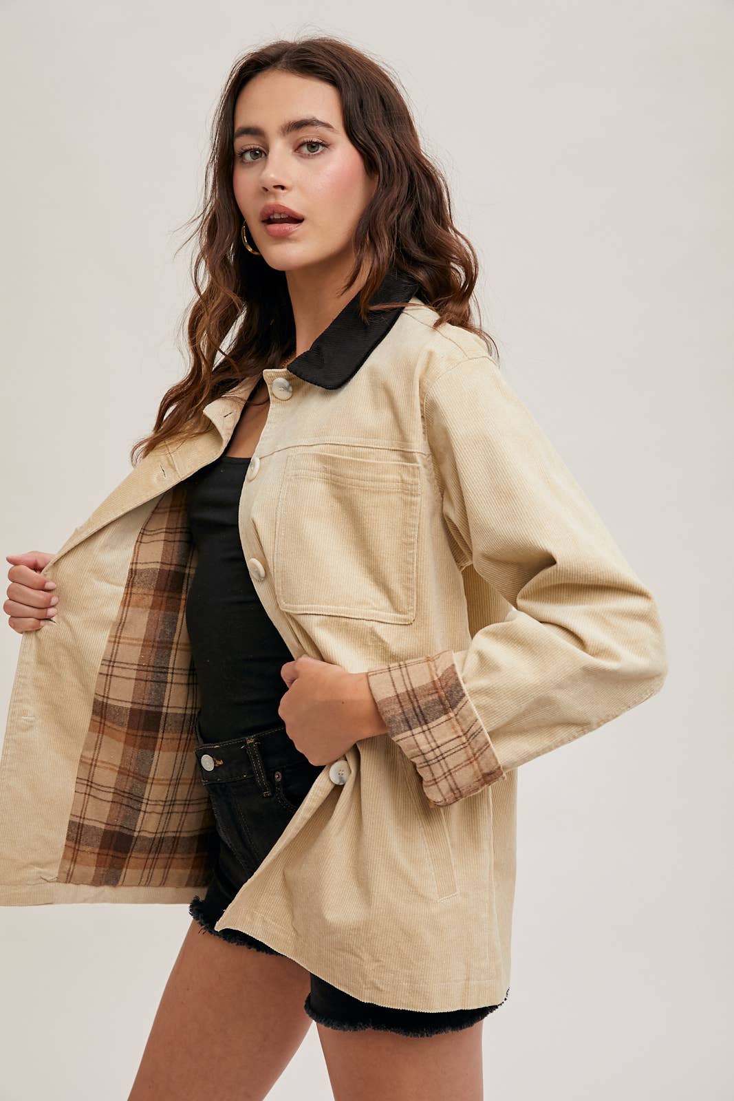 CORDUROY BUTTON DOWN BARN COAT INNER PLAID