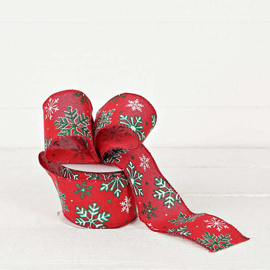 R32919-Wired Ribbon-Red-green burlap w. snowflakes (2.5inW)