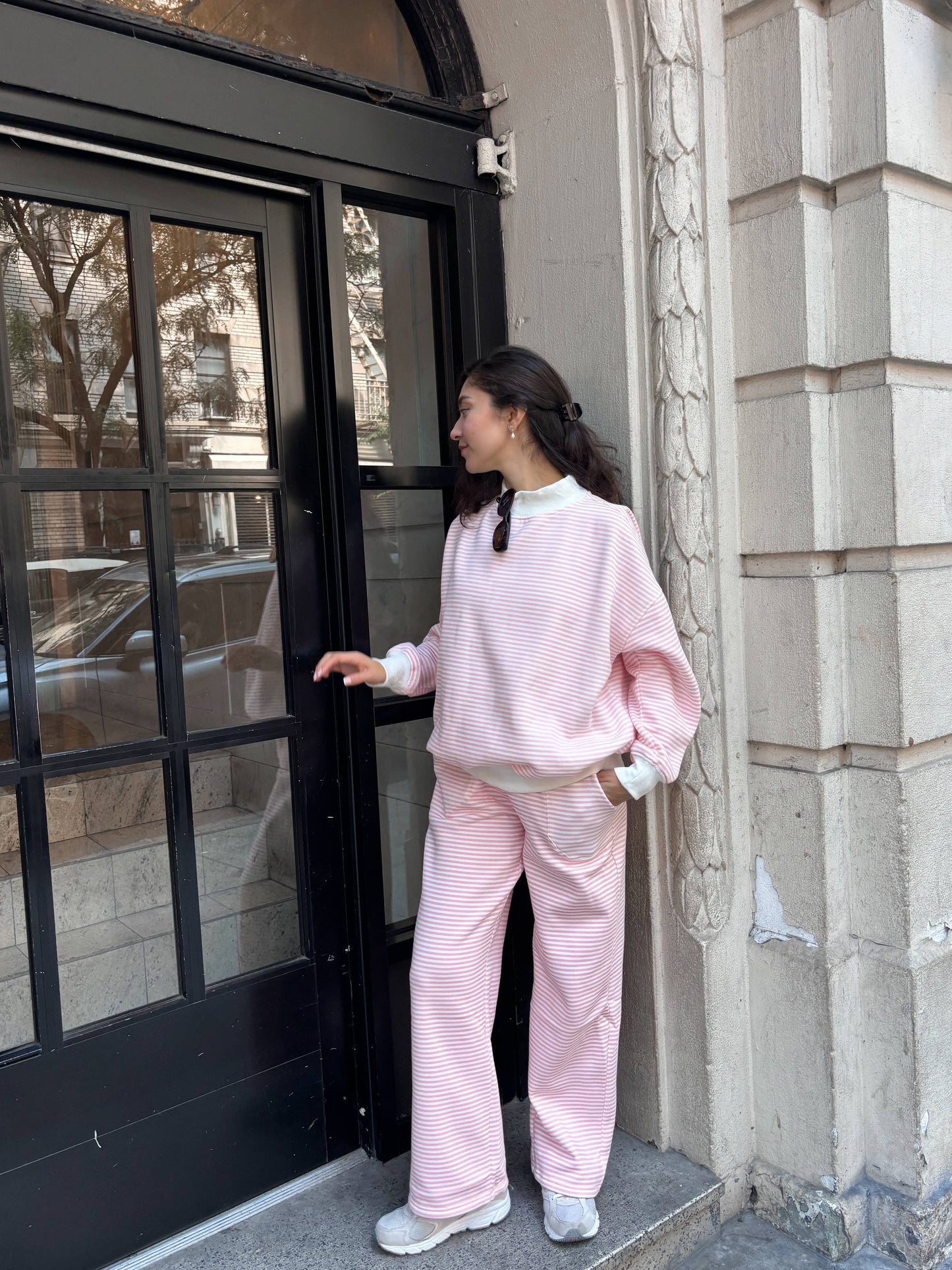 Light Pink and White Striped Mockneck Sweatshirt