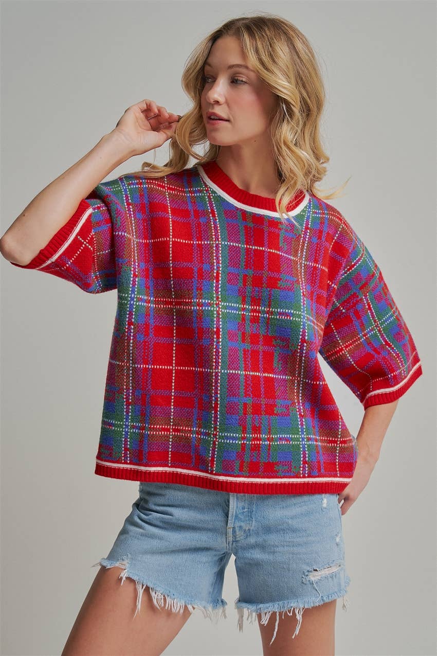HOLIDAY CHRISTMAS PLAID DROP SHOULDER SWEATER_JLT00303-02