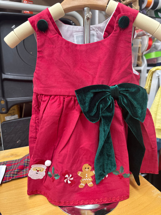 Red Corduroy Dress with Green Bow