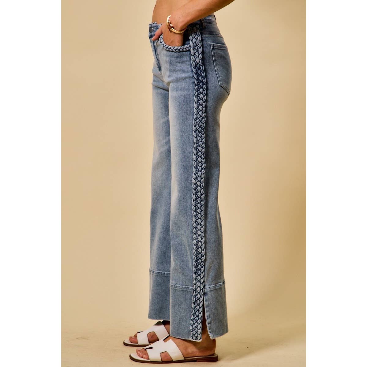 Wide Leg Flare Denim Jeans With Side Braids