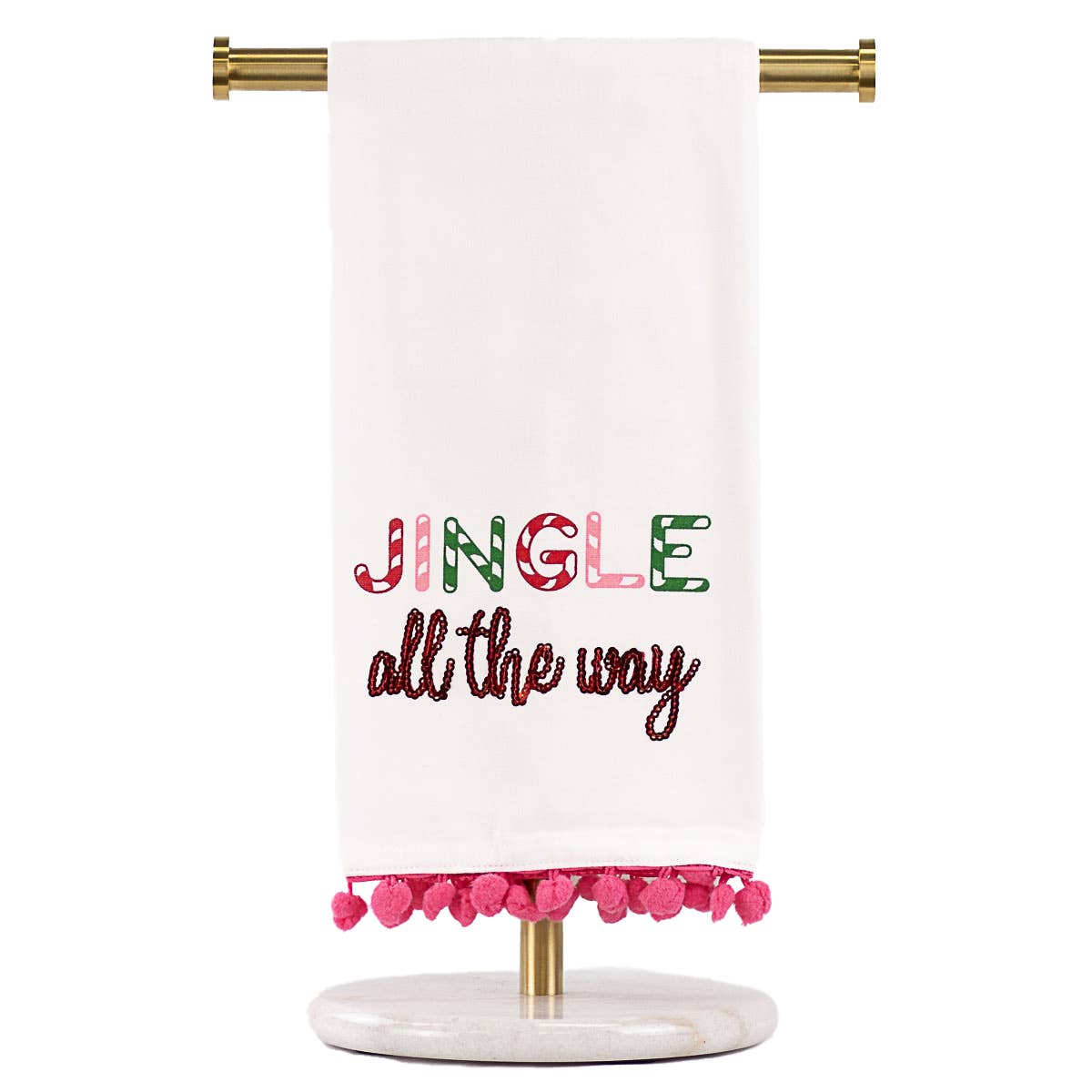 Jingle All The Way Pom Pom Hand Towel   White/Pink/Green/Red   20x28