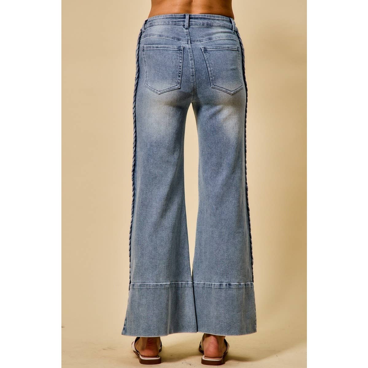 Wide Leg Flare Denim Jeans With Side Braids