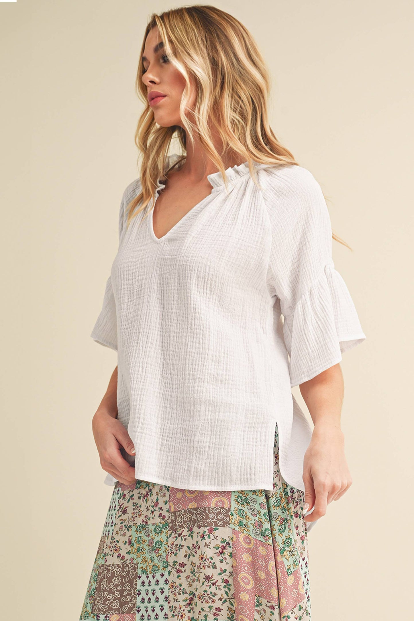 Tes 3/4 Sleeve Ruffle Top