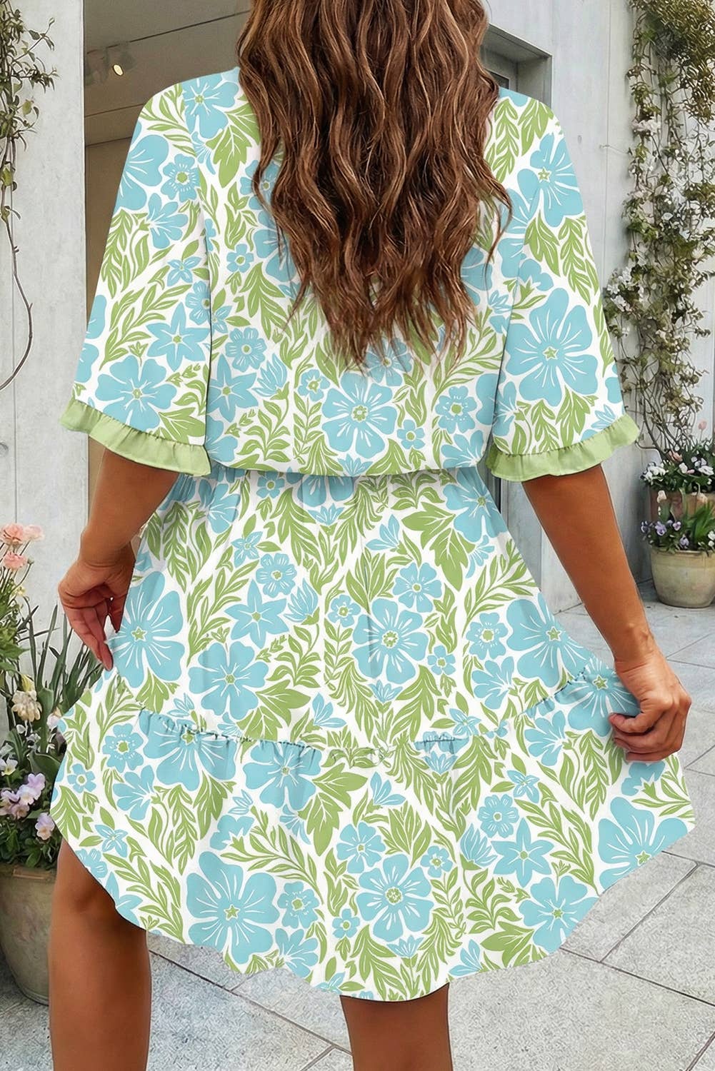 Floral Print Ruffled Detail Short Sleeve Mini Dress (S-XL)