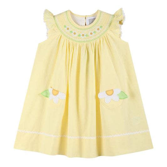 Yellow Daisy Pocketed Smocked Bishop Dress