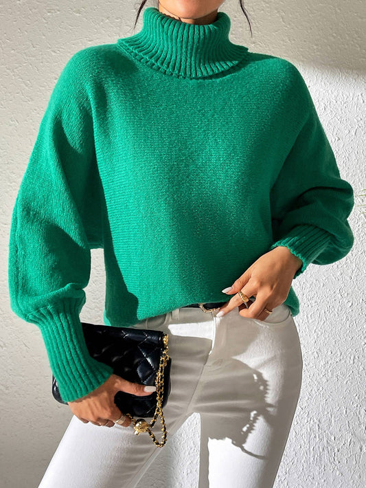 High-Neck Loose Dolman-Sleeved Knitted Sweater