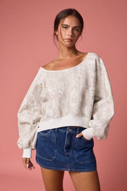 Nature Camo Print Off-Shoulder LS Top