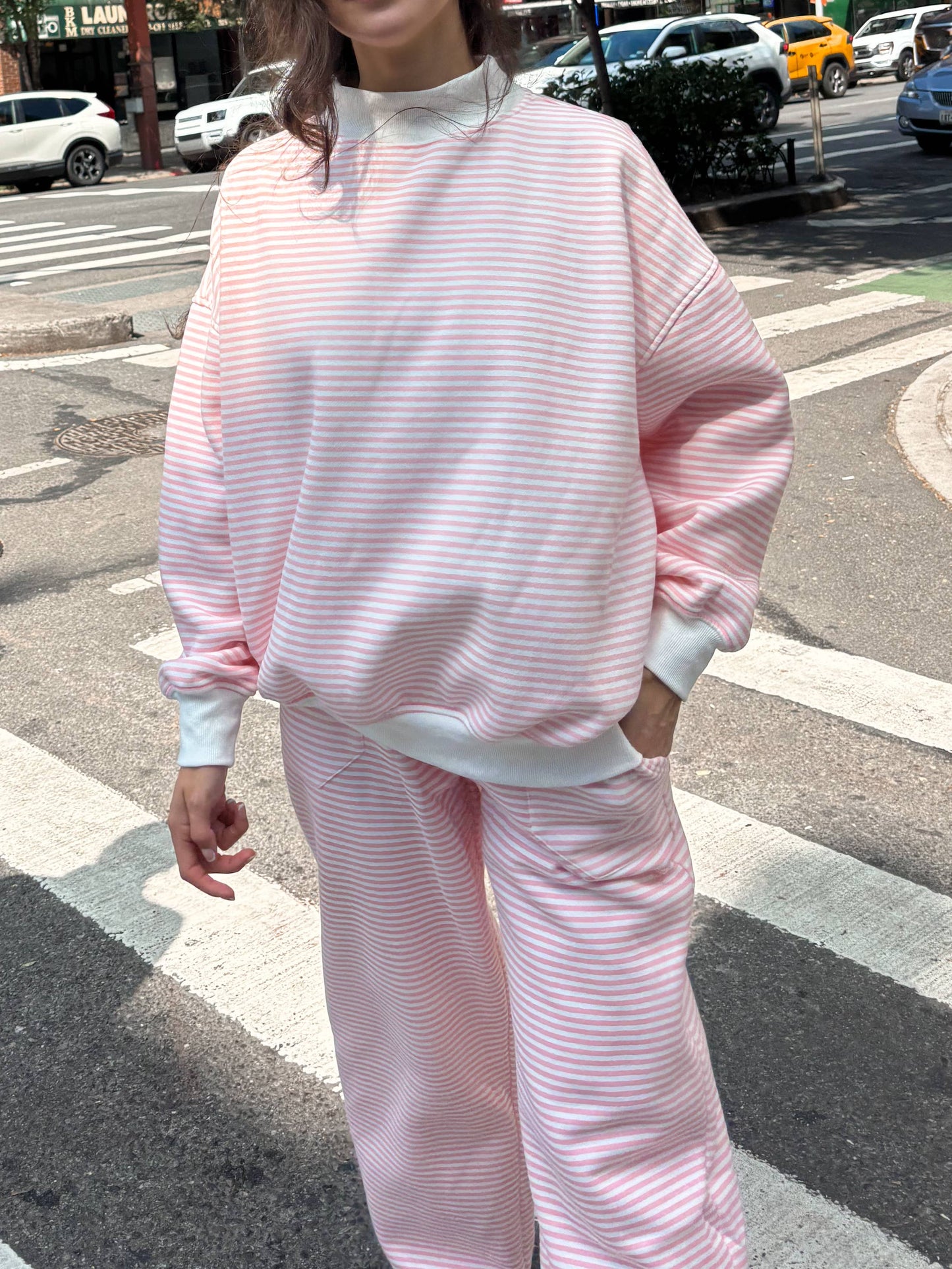 Light Pink and White Striped Mockneck Sweatshirt
