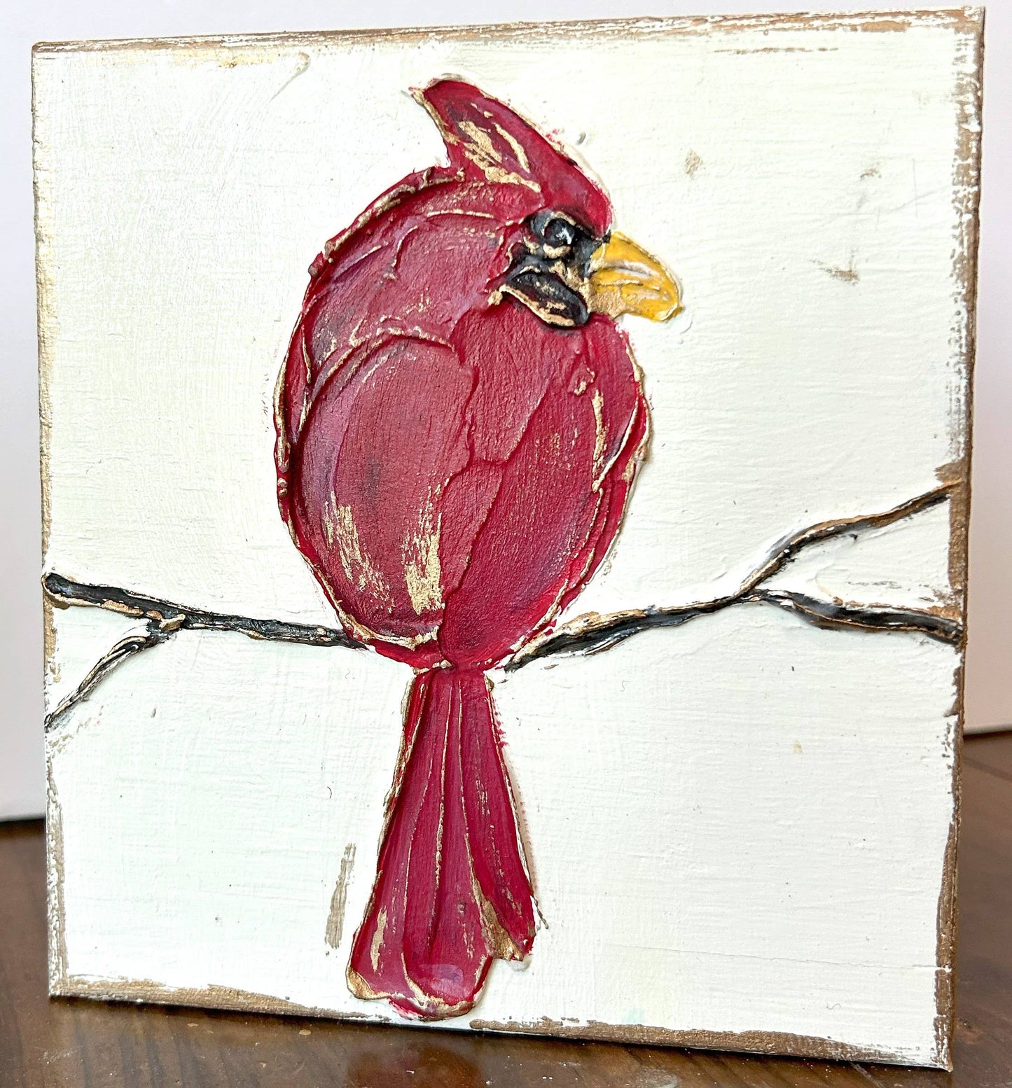 Cardinal  red bird  5x5 handmade, textured wood block