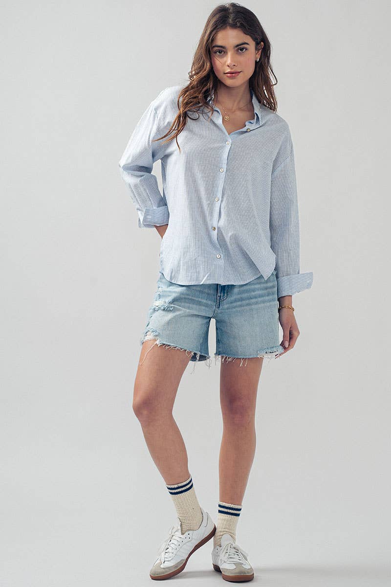 Lightweight Pinstripe Button Down in Cotton Linen Blend