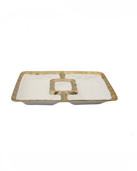 White Porcelain Chip and Dip Bowl with Gold Border  12" x 7"