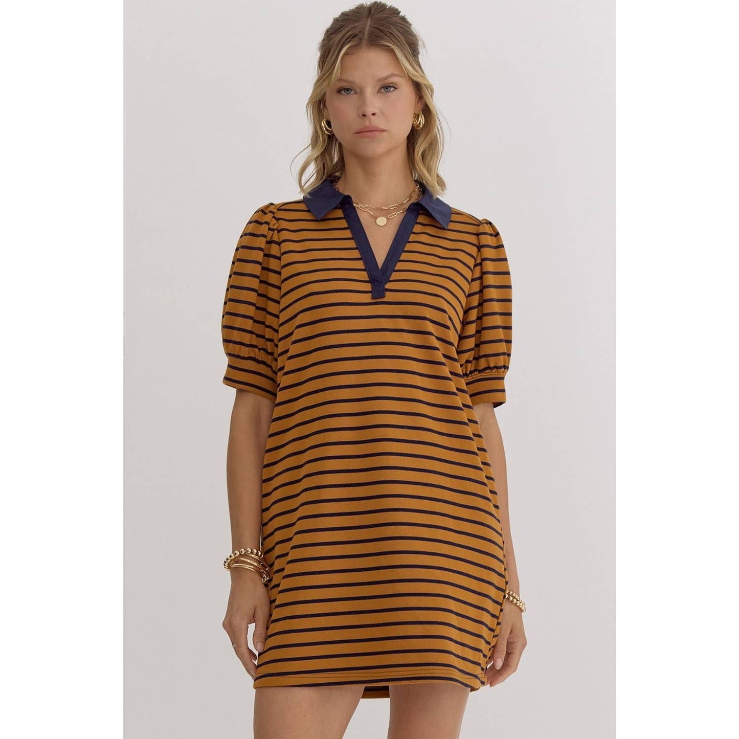 Stripe print v-neck puff sleeve collared dress